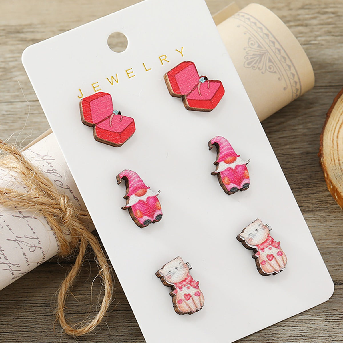 Wholesale Valentine's Day Pink Printed Wooden Earrings