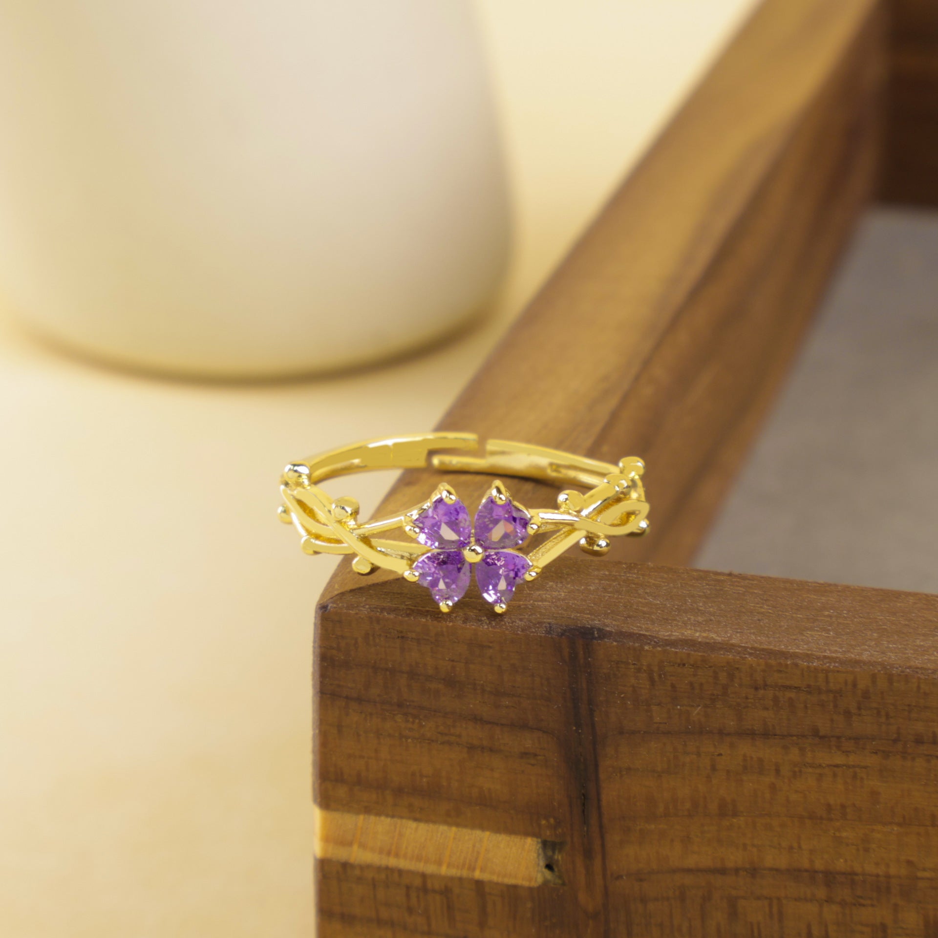 Wholesale Purple zircon four-petal flower open adjustable ring