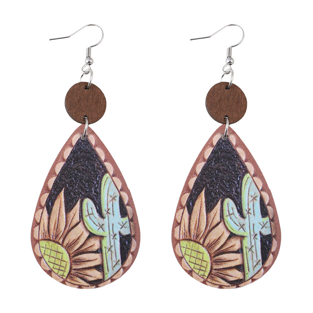 Wholesale Western ethnic style water drop wood and leather double-sided earrings