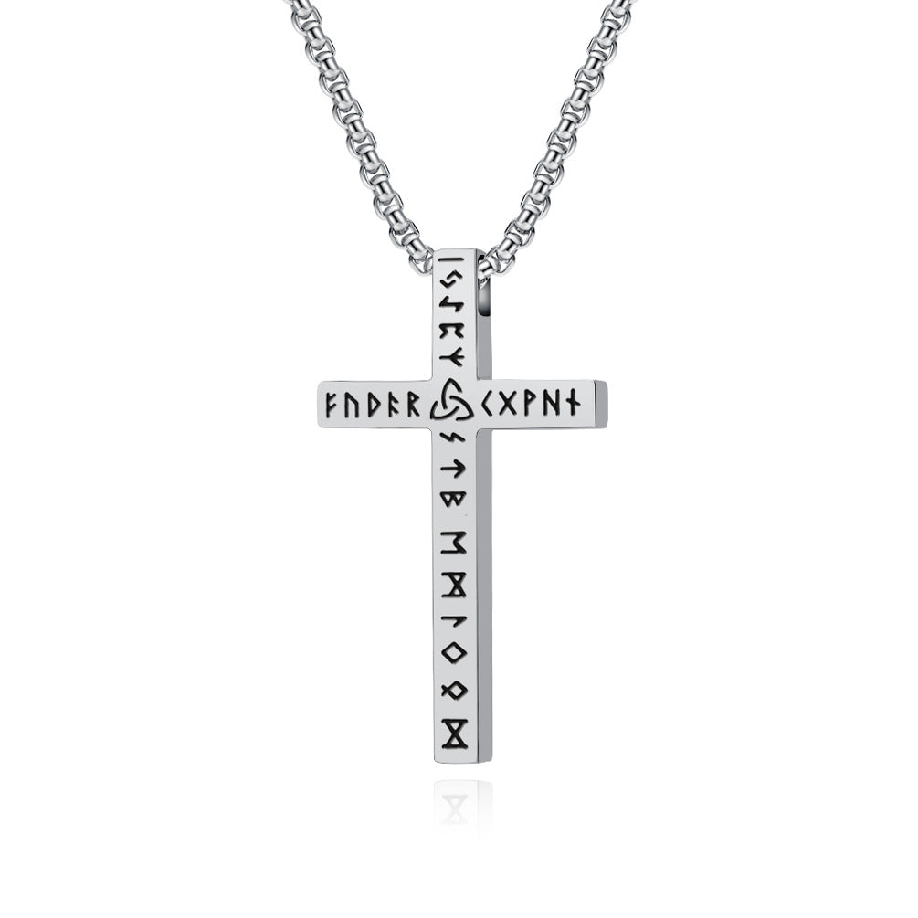 Wholesale Viking text titanium steel polished cross necklace rune genderless cross pendant