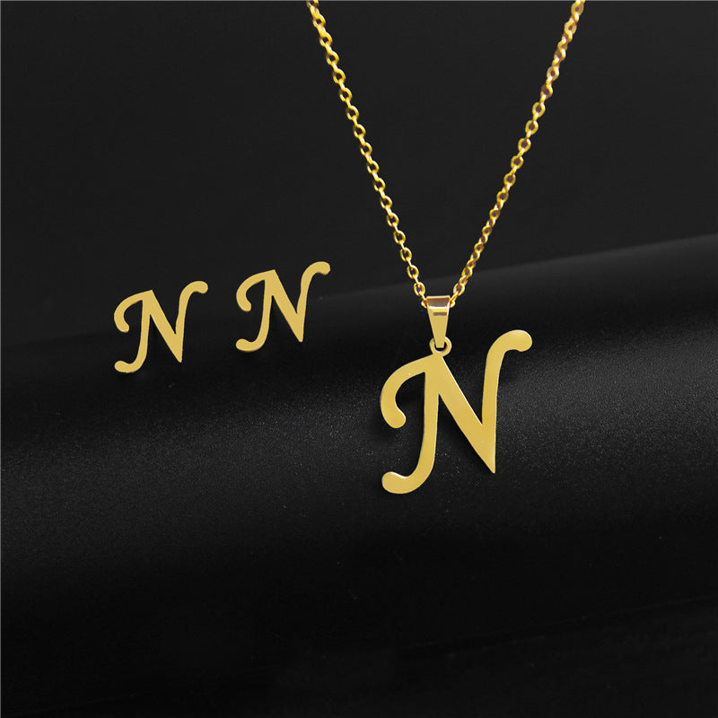 Wholesale Stainless Steel 26 Letter Necklace Earrings Two Piece Set