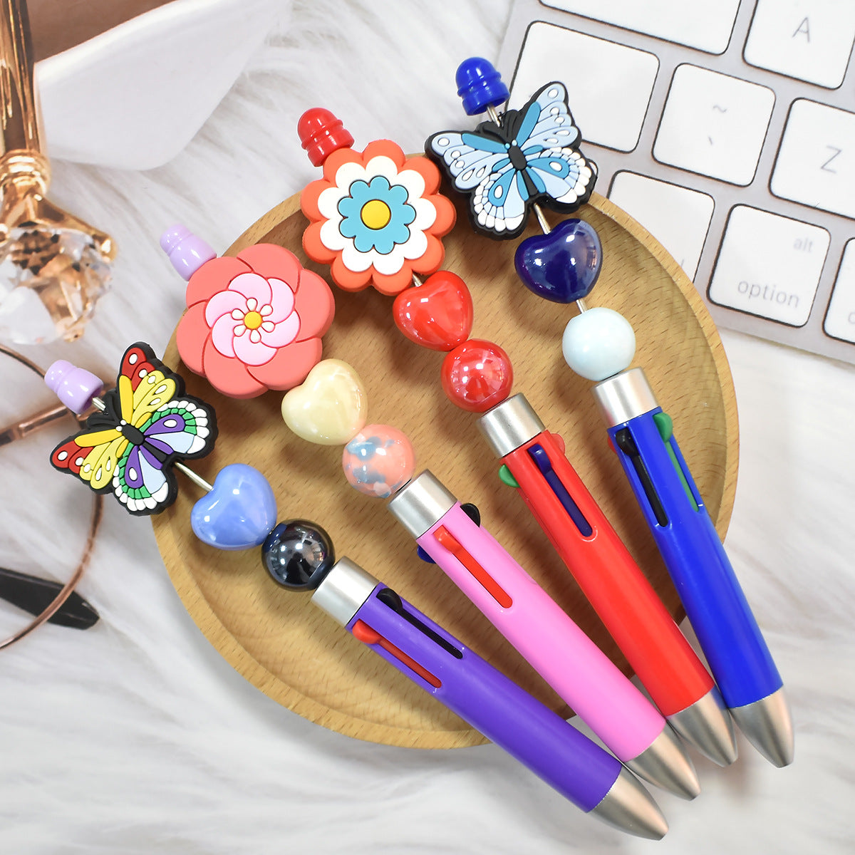 Wholesale  Random 100pcs/pack    Butterfly Flower Pen Decoration with Detachable Beads