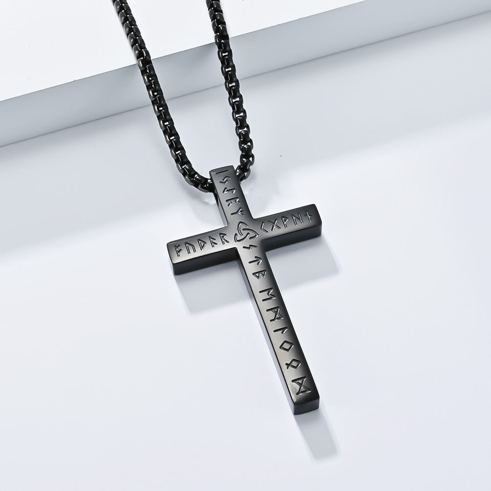 Wholesale Viking text titanium steel polished cross necklace rune genderless cross pendant
