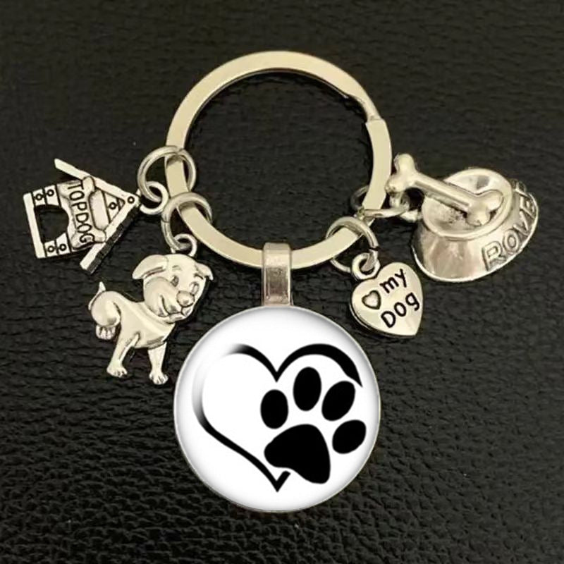 Wholesale Fashion Single Big Heart with Puppy Paw Print Pattern Glass Keychains