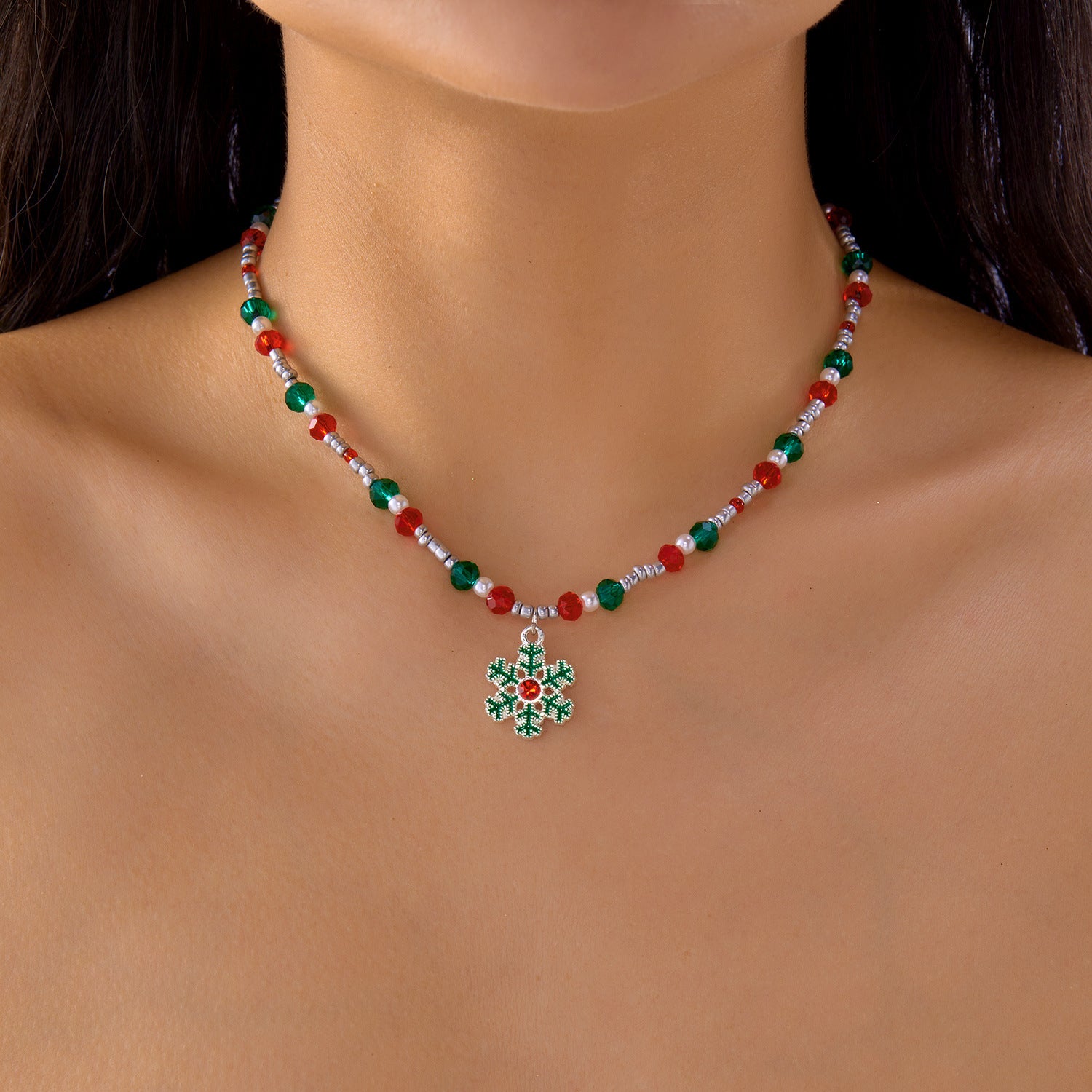 Wholesale Christmas Ornaments Beaded Snowflake Christmas Tree Pendant Necklace