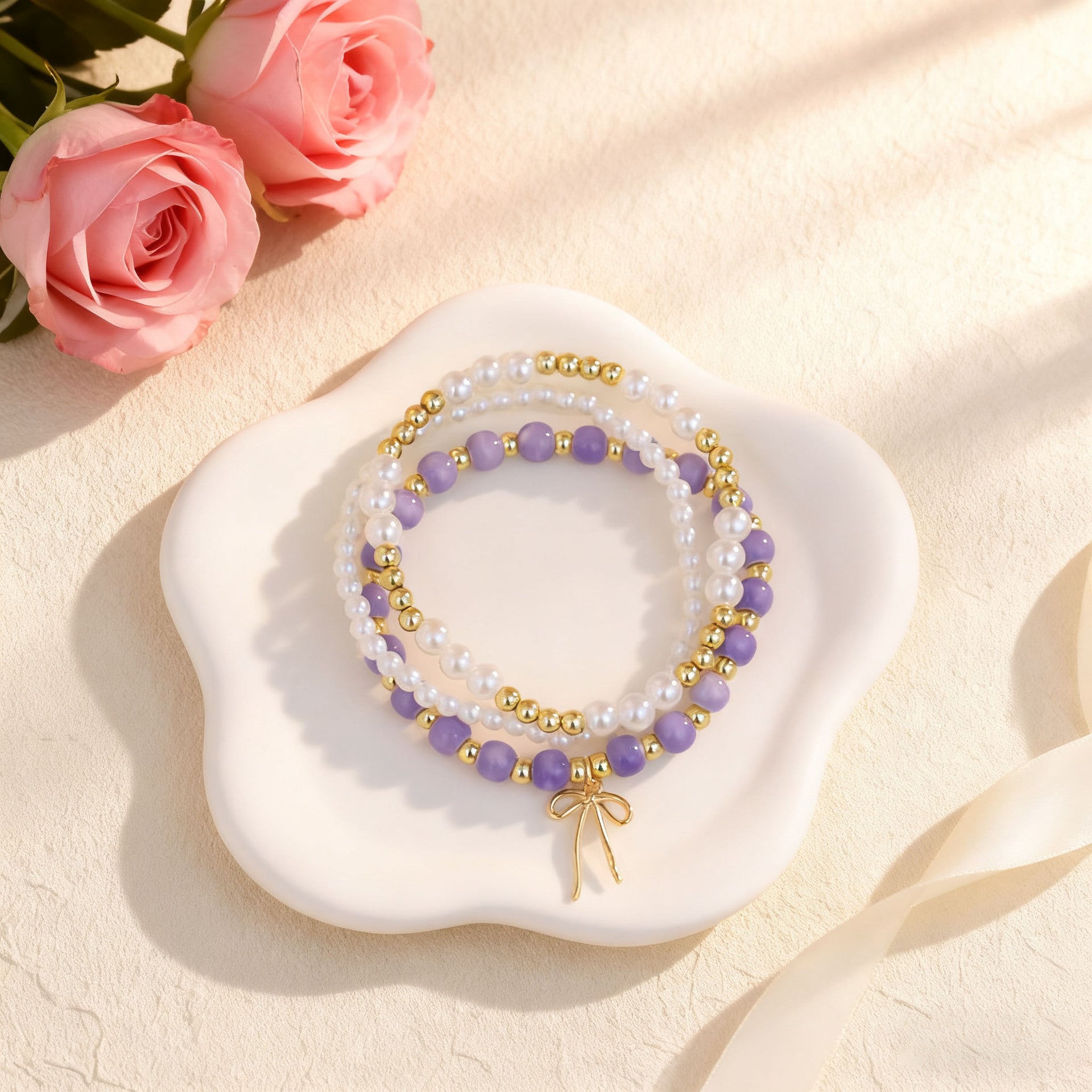 Wholesale Bohemian Blue and White Porcelain Bow Layered Bracelet Set