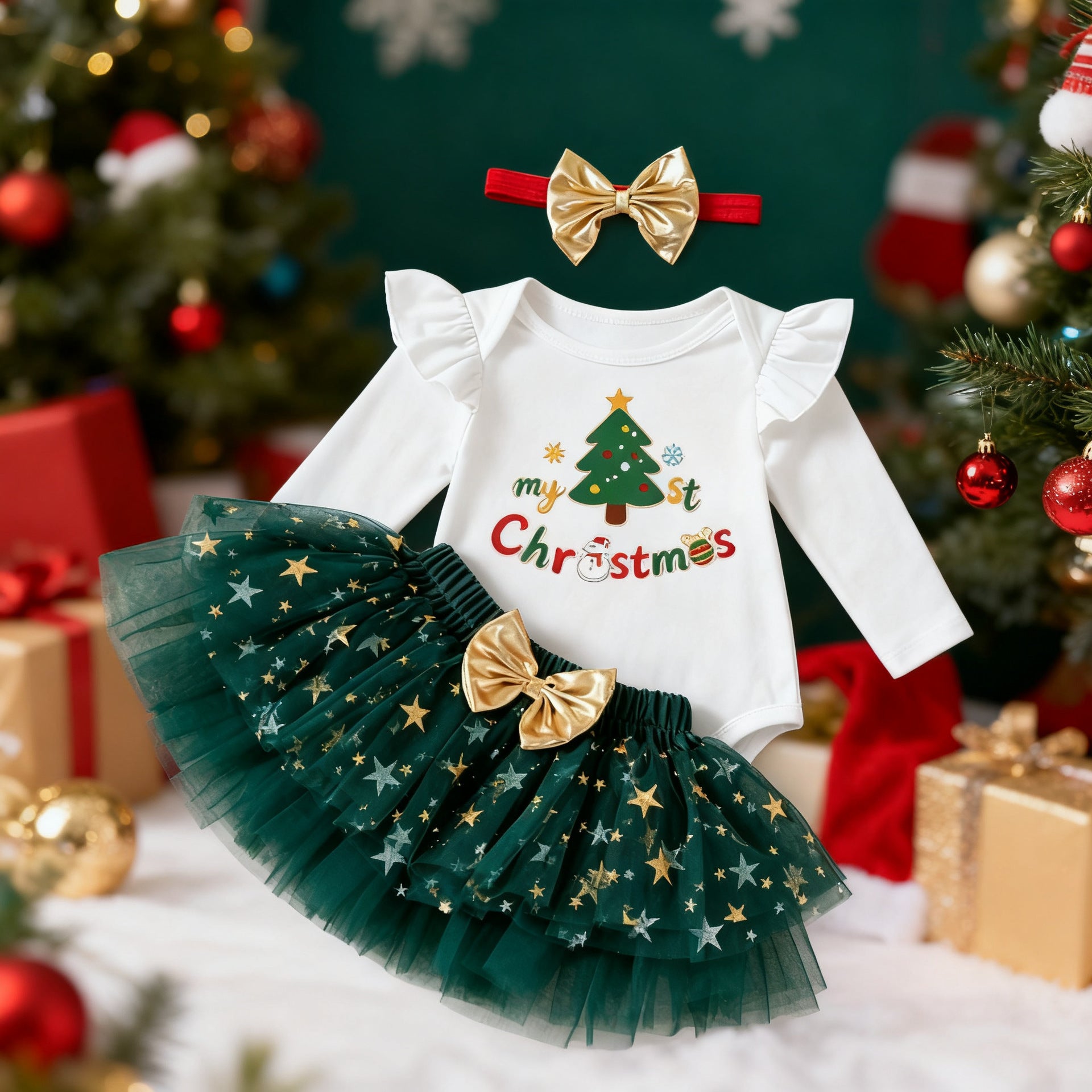 Wholesale Infant Baby Girl Christmas Dress Set Red Star Tulle Skirt 3 Piece Holiday Party Outfit