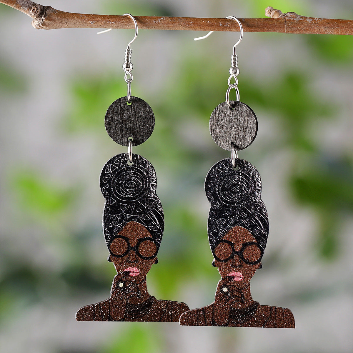 Wholesale Black History African Style Queen Head Pendant Wooden Double-Sided Earrings