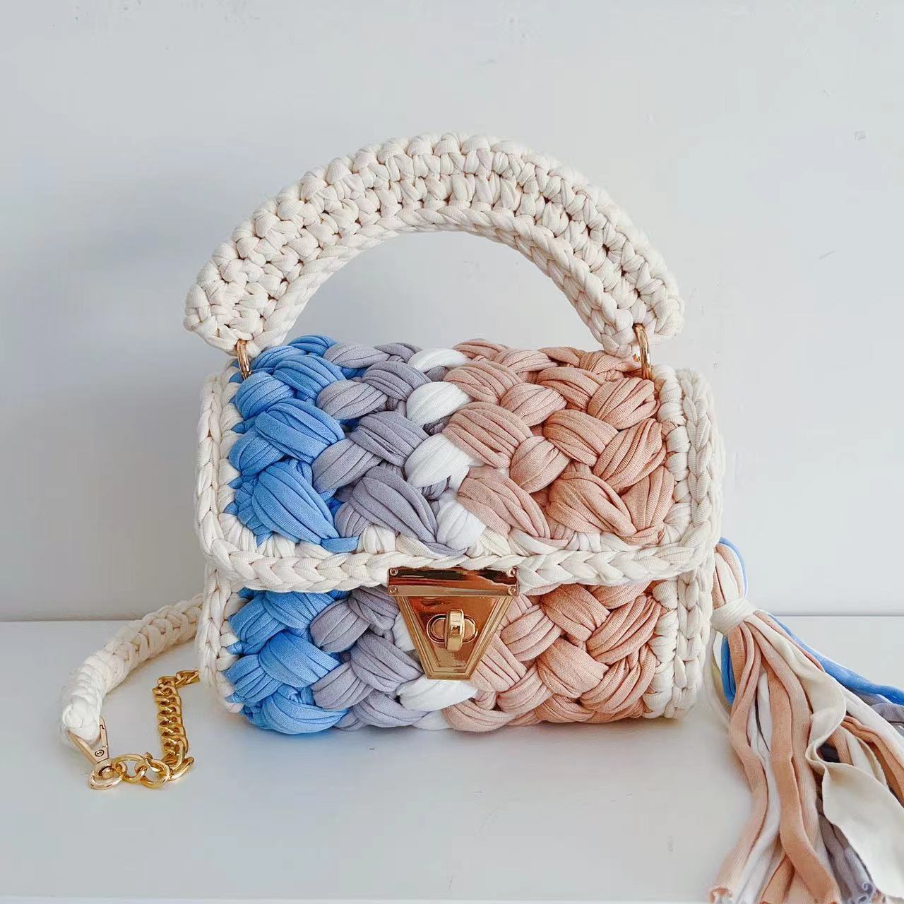 Wholesale Handmade Polyester Woven Handbags with Colored Chain Strips and Diagonal Cross Shaped Handbags