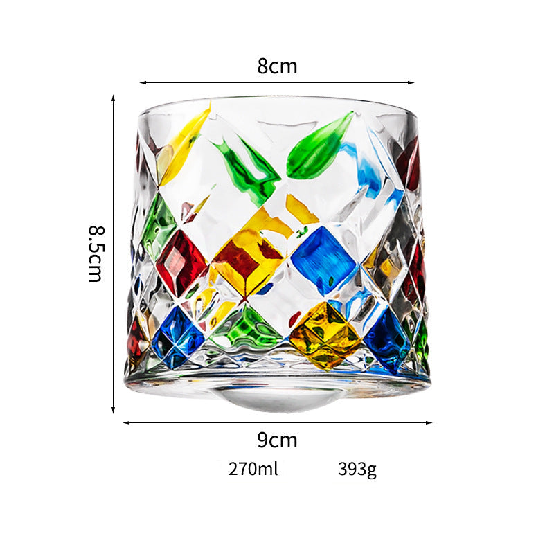 Wholesale Haisman thickened color glass creative rotating whiskey glass hand painted rotating cup with wooden tray decompression Cup