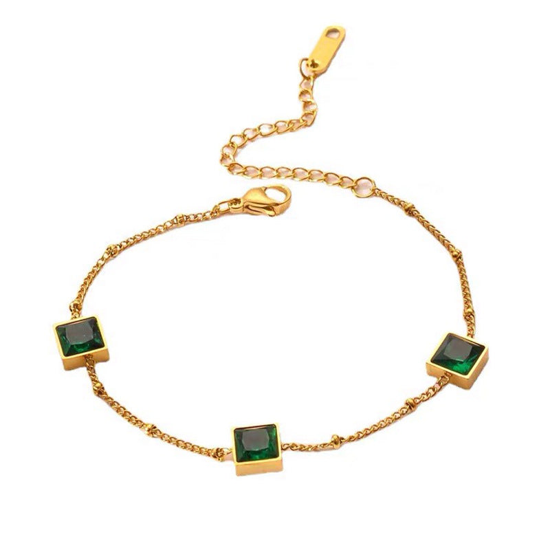 Wholesale Vintage Gold Square Inlaid Emerald Zircon Titanium Steel Bracelet