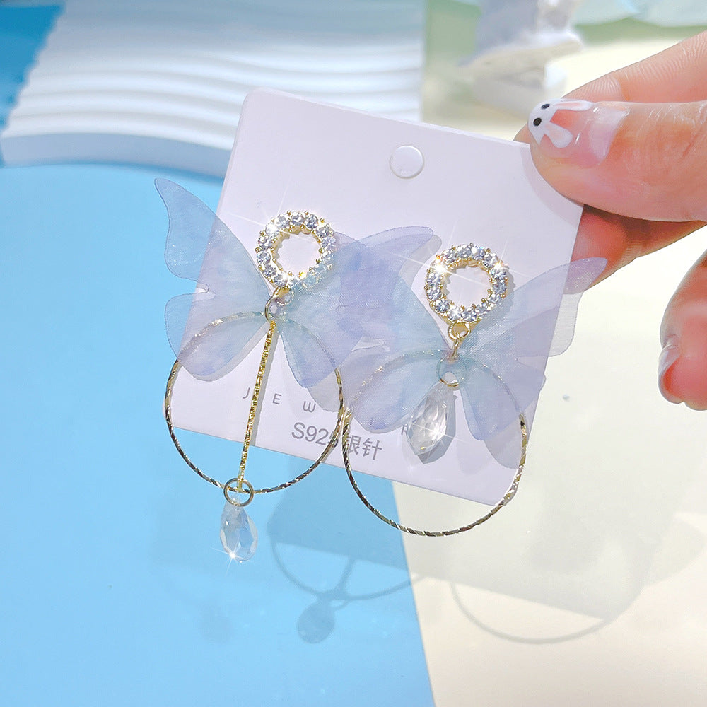 Wholesale Colored Organza Tassels Butterfly Micro-paved Rhinestone Long Earrings