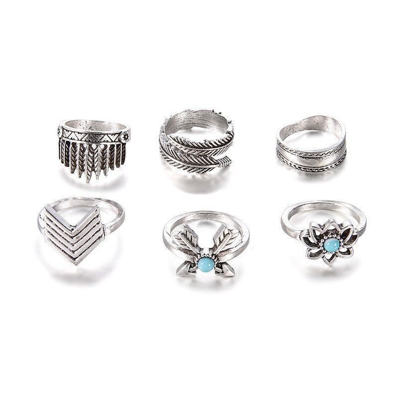 Wholesale Vintage carved turquoise Bohemian style 6-piece bracelet ring