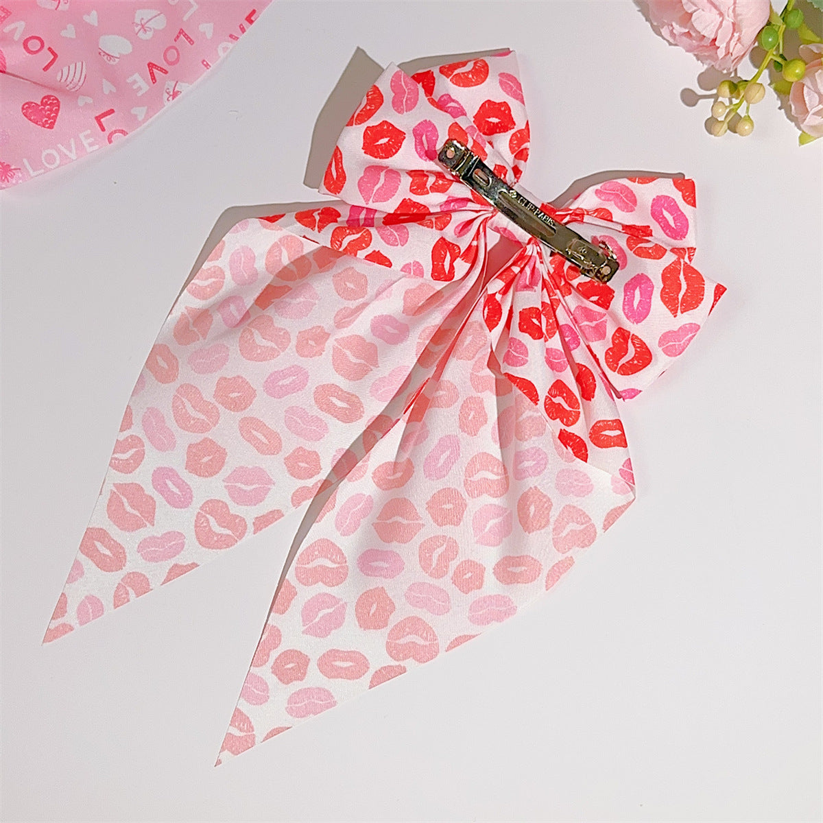 Wholesale valentine's day bow ribbon spring heart-shaped red lip printing hair clip