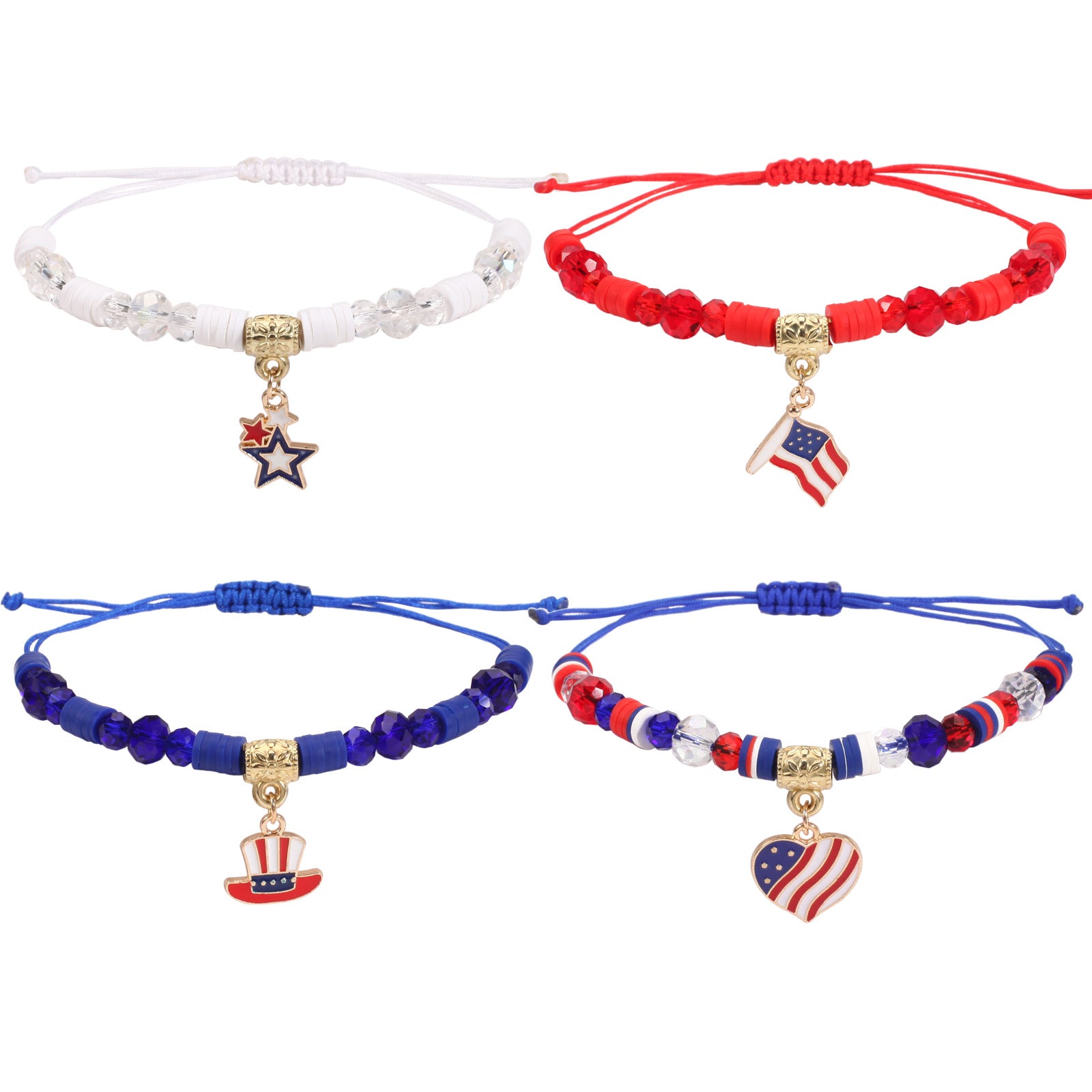 Wholesale Independence Day Braided Adjustable Heart Five-pointed Star Butterfly Red White and Blue Bracelet
