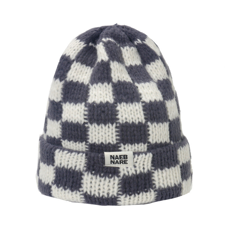 Wholesale Popular Niche Large Head Circumference Wool Thick Warm Checkerboard Plaid Knitted Hat