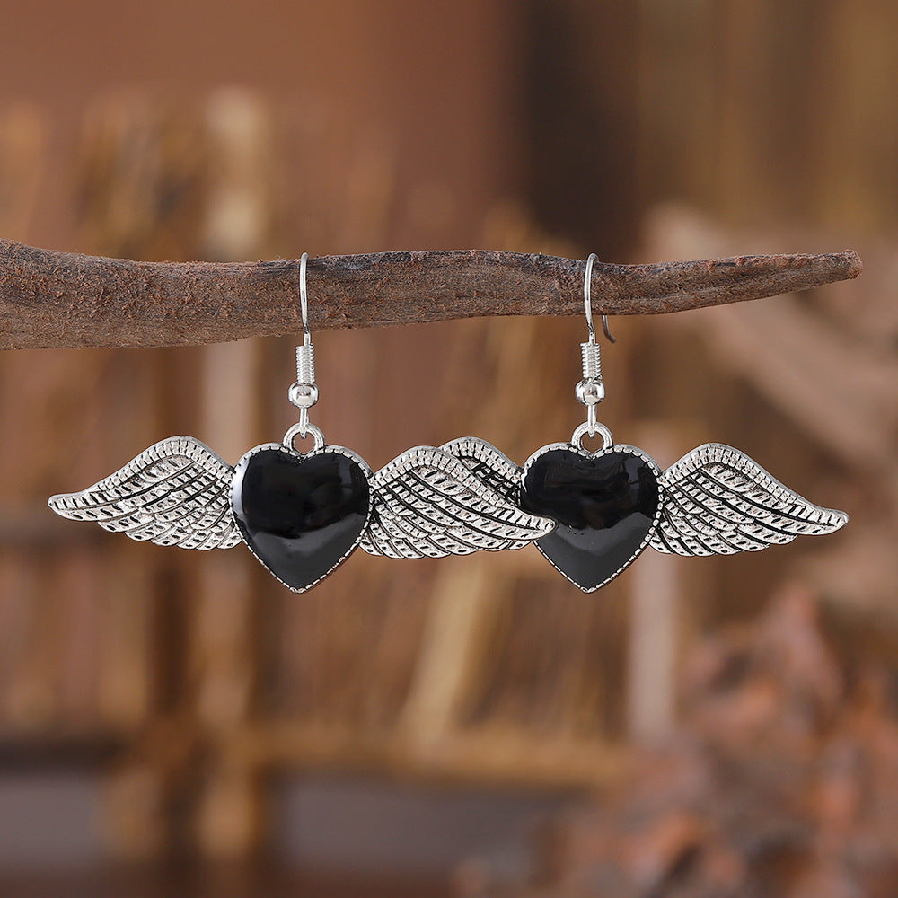 Wholesale Retro Gothic Style Peach Heart Wings Personality Niche Design Oil Drop Heart Wings Earrings