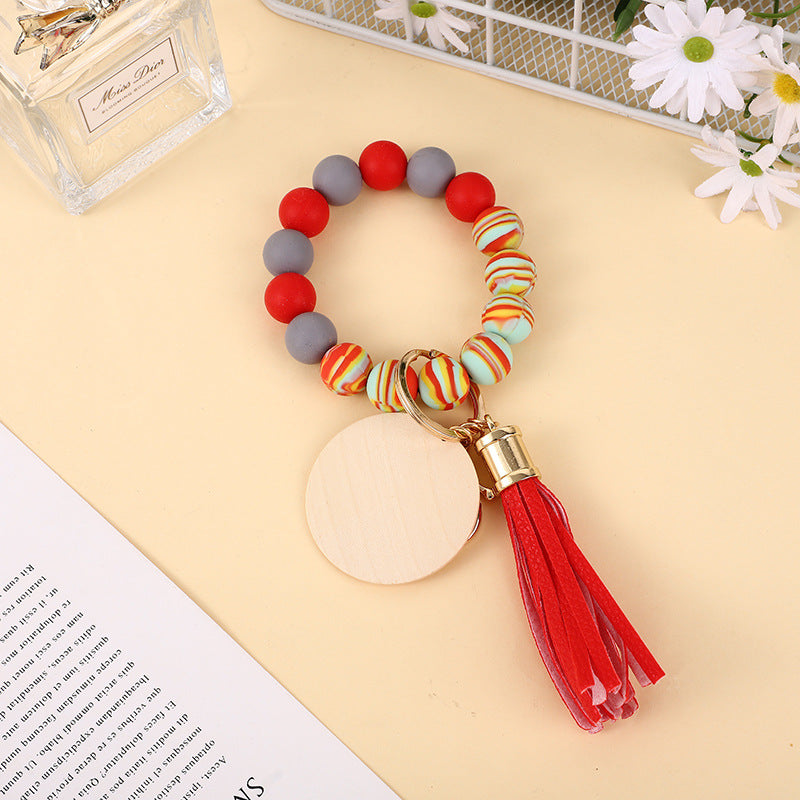 Wholesale Colorful Food Grade Silicone Beech Wood Beads Bracelet Keychain