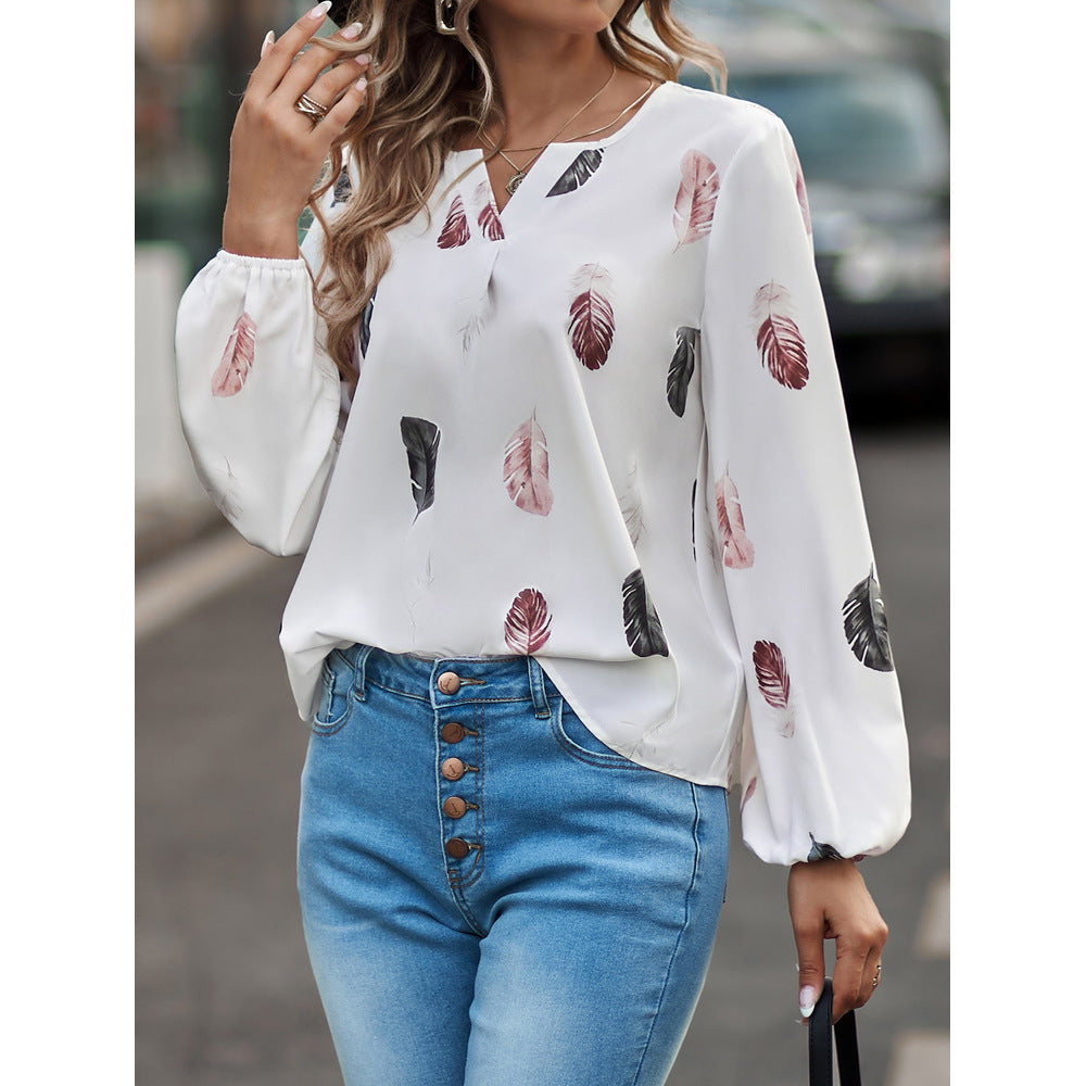 Wholesale Autumn and Winter Women's V-neck Feather Printing Long Sleeve Loose T-shirt