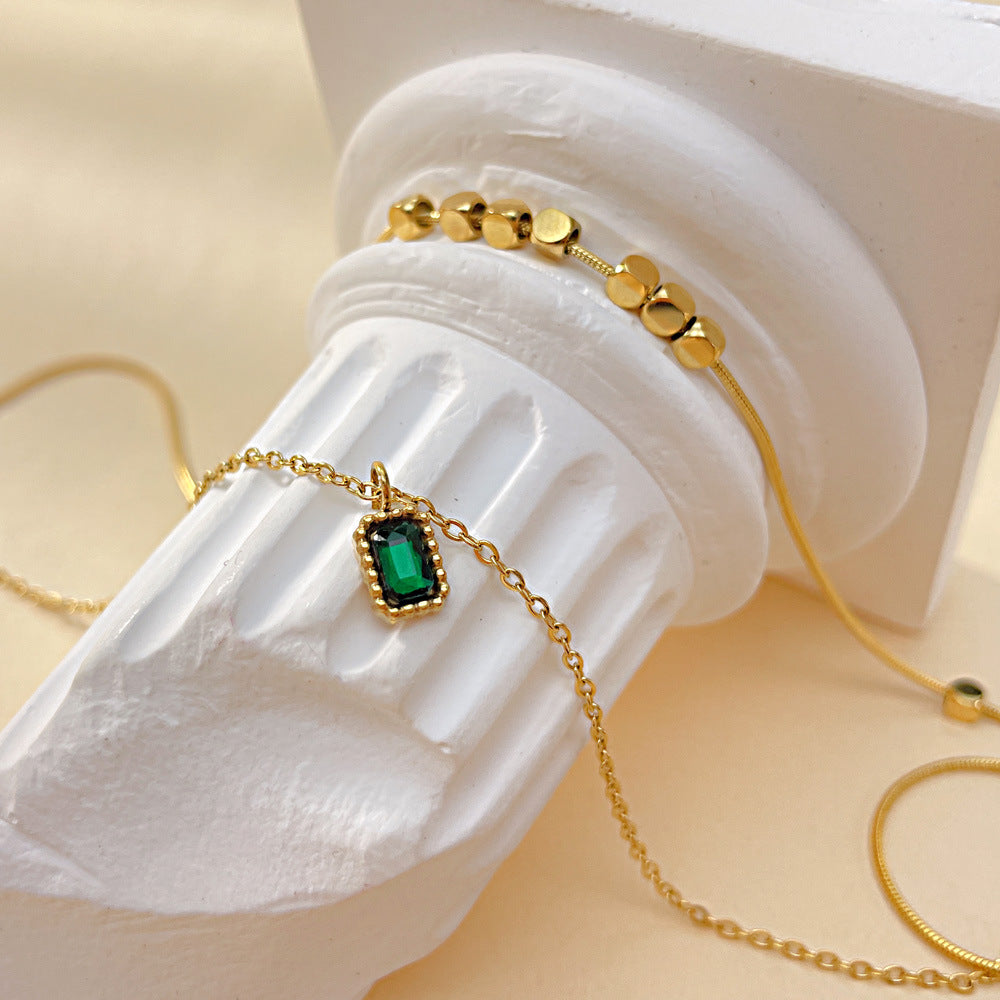 Wholesale New Chinese Style Emerald Zircon Stainless Steel Small Square Necklace