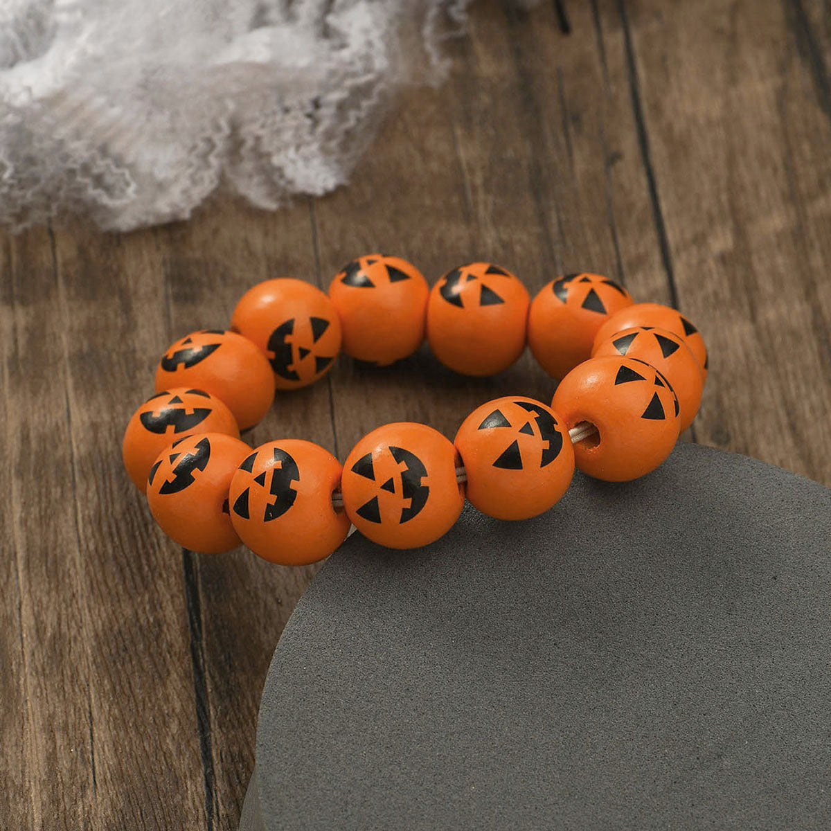 Wholesale Halloween Wooden Beads Pumpkin Spider Print Bracelet
