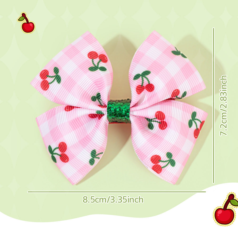 Wholesale Pink Plaid Cherry Print Bow Hairpin