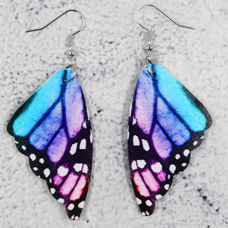 Wholesale Butterfly Leather Bionic Butterfly Wings Pattern Symmetrical Double-Sided Printed Earrings