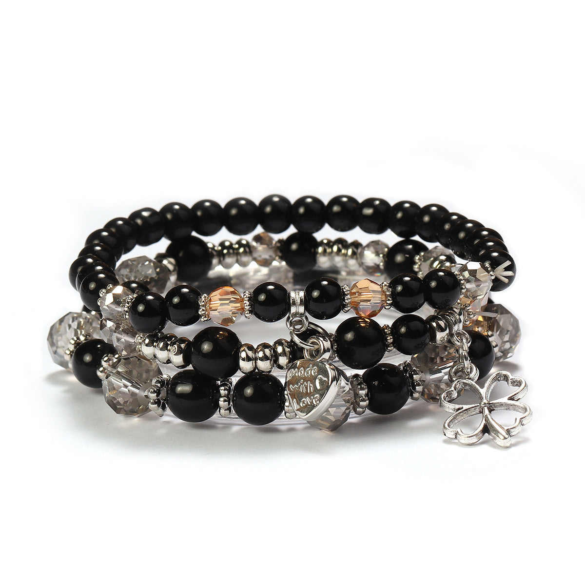 Wholesale Four Leaf Grass Heart Multi Layered Pendant Glass Elastic Bracelet