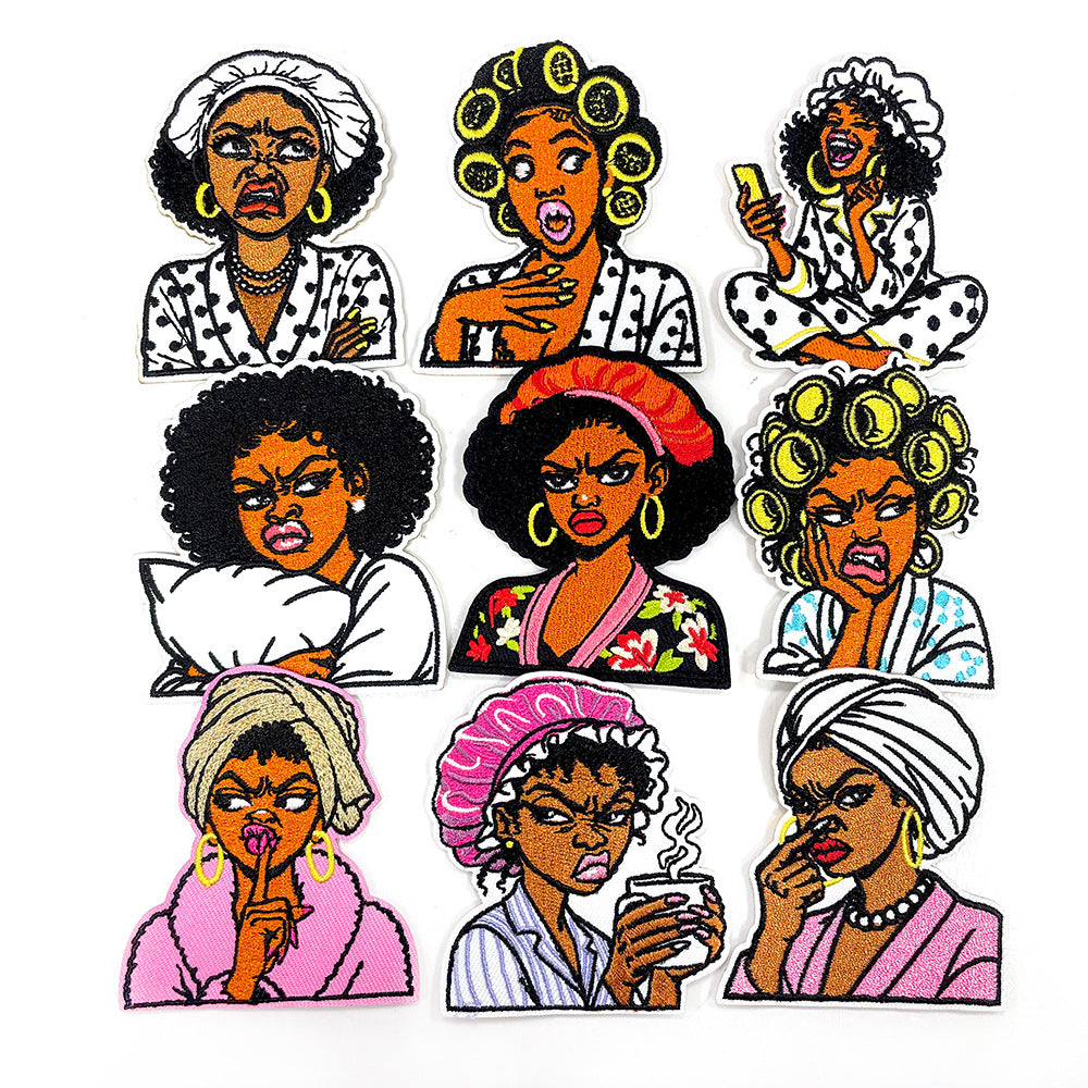 Wholesale Funny Black Girl Pajama Embroidered Patch Sequin Iron On Adhesive Back For Coat Decoration