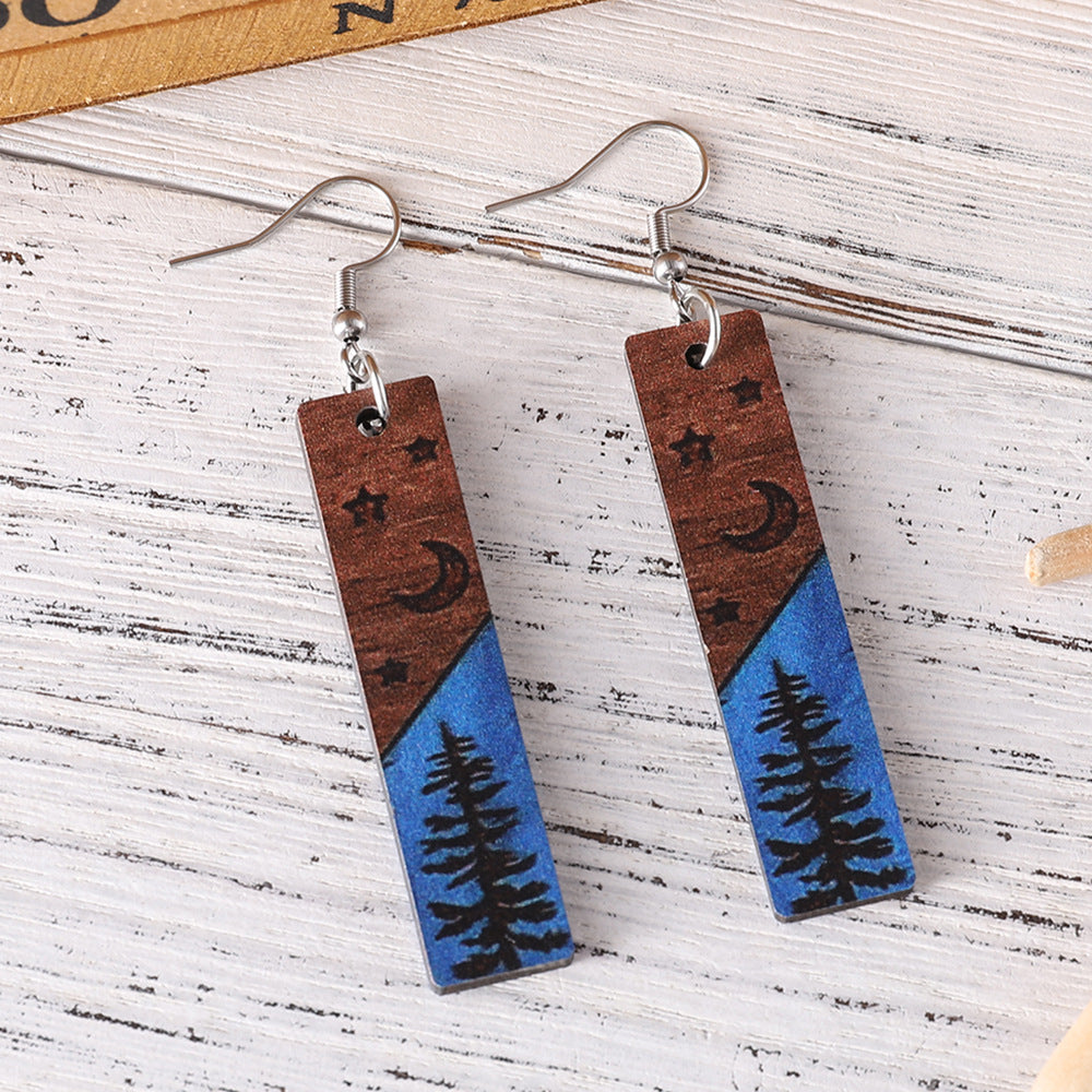 Wholesale Western style pine tree star moon rectangular geometric wooden earrings