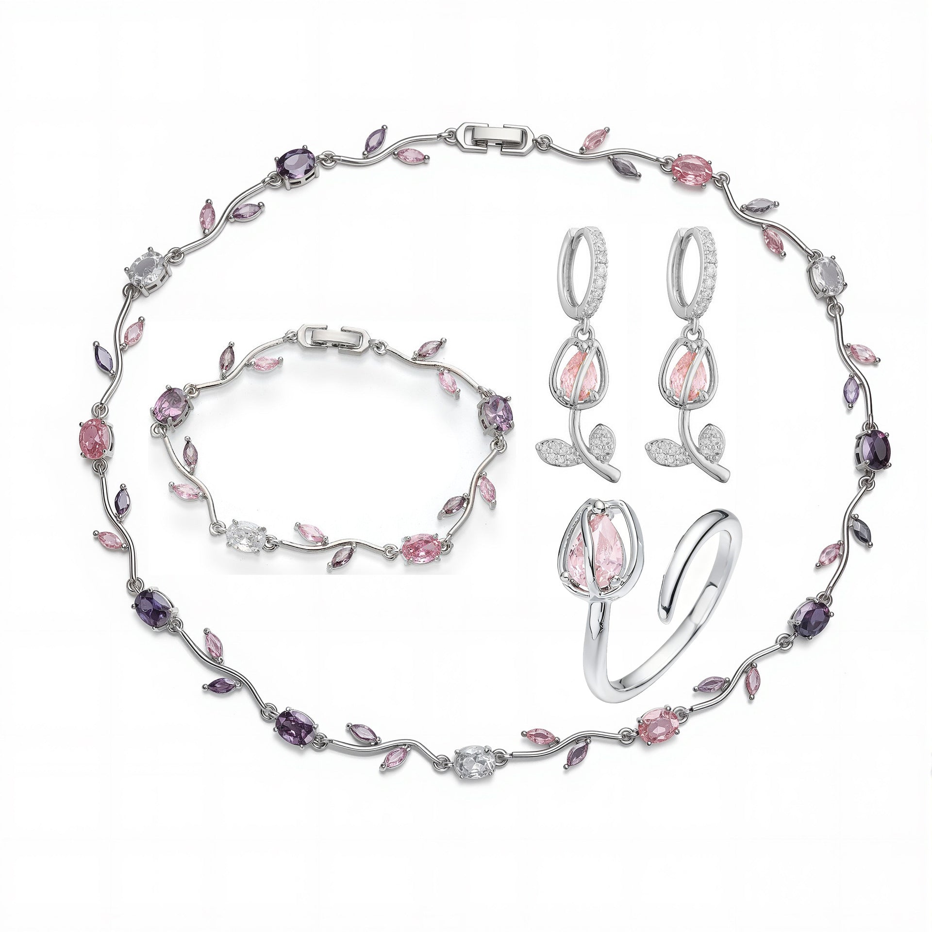 Wholesale Copper Inlaid with Colored Diamonds Leaves and Petals Bracelet