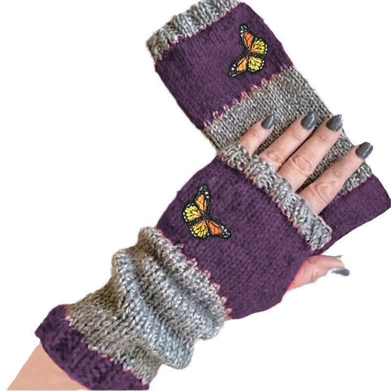 Wholesale Stitched Half Finger Butterfly Embroidered Warm Gloves