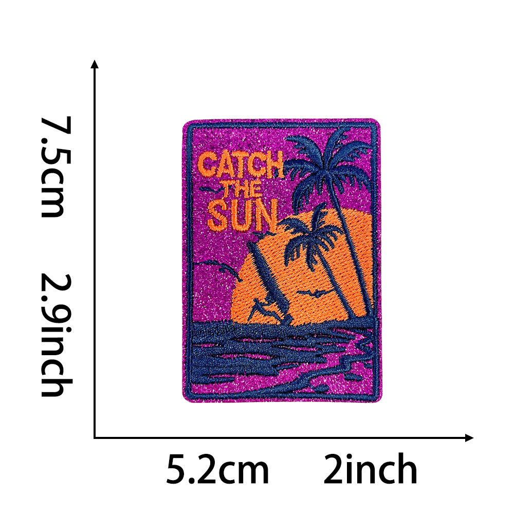 Wholesale Trendy Retro Beach Palm Tree Sunset Embroidered Patches For Clothing Bags DIY Craft Supply 5 Pack