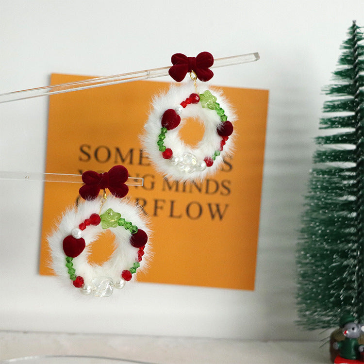 Wholesale Christmas Round Bow Garland Fur Ball Earrings