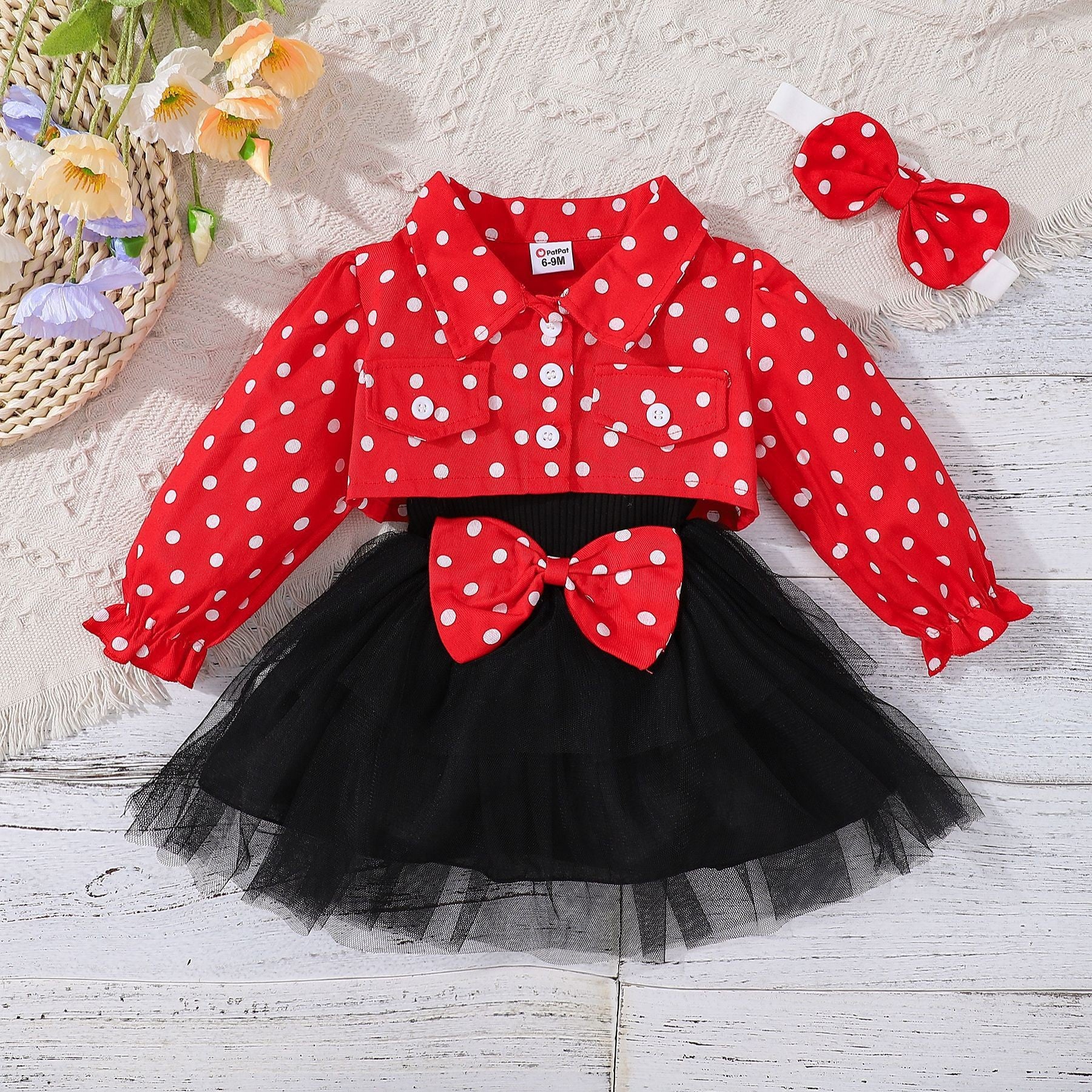 Wholesale European and American polka dot lapel single breasted long sleeved top with camisole bow skirt baby clothes