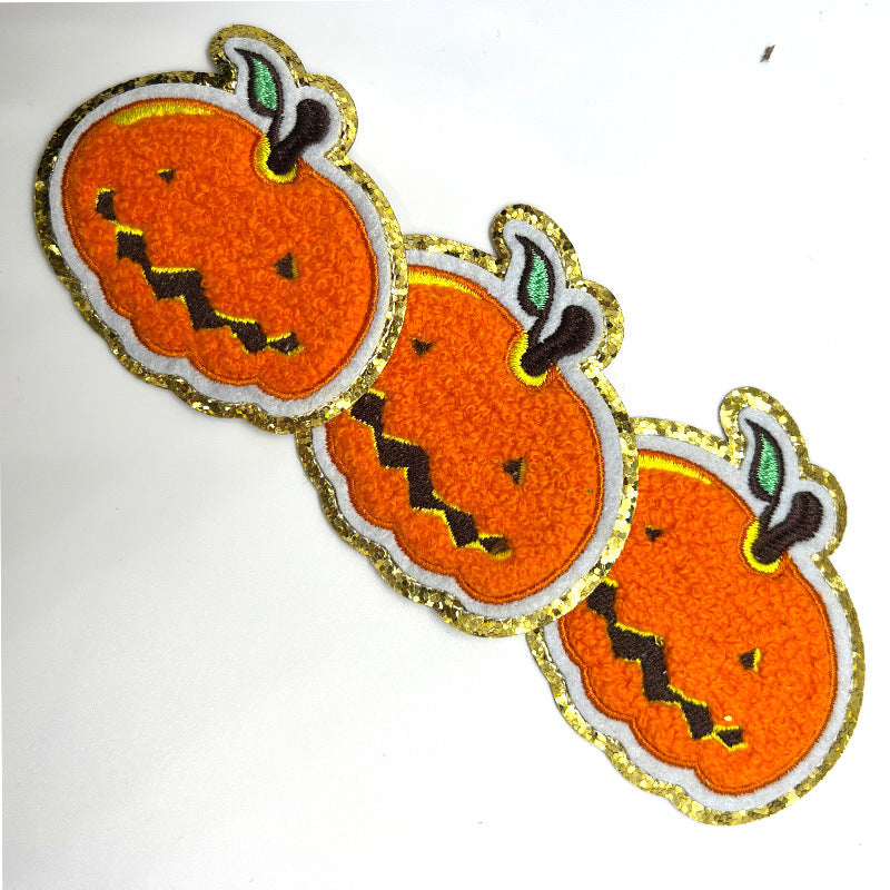 Wholesale  Glitter Embroidered Patches With Skull Pumpkin Ghost Motif Heat Seal For Coat Trendy Craft Gift DIY