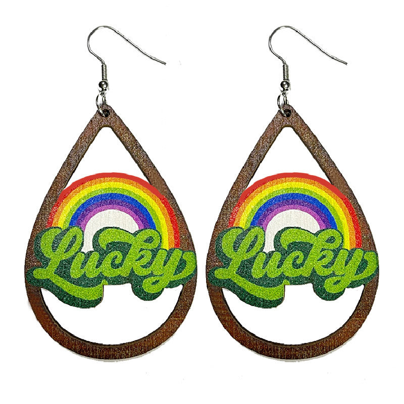 Wholesale 2 pairs/pack St. Patrick's Day Clover Green Rainbow Bearded Wooden Earrings