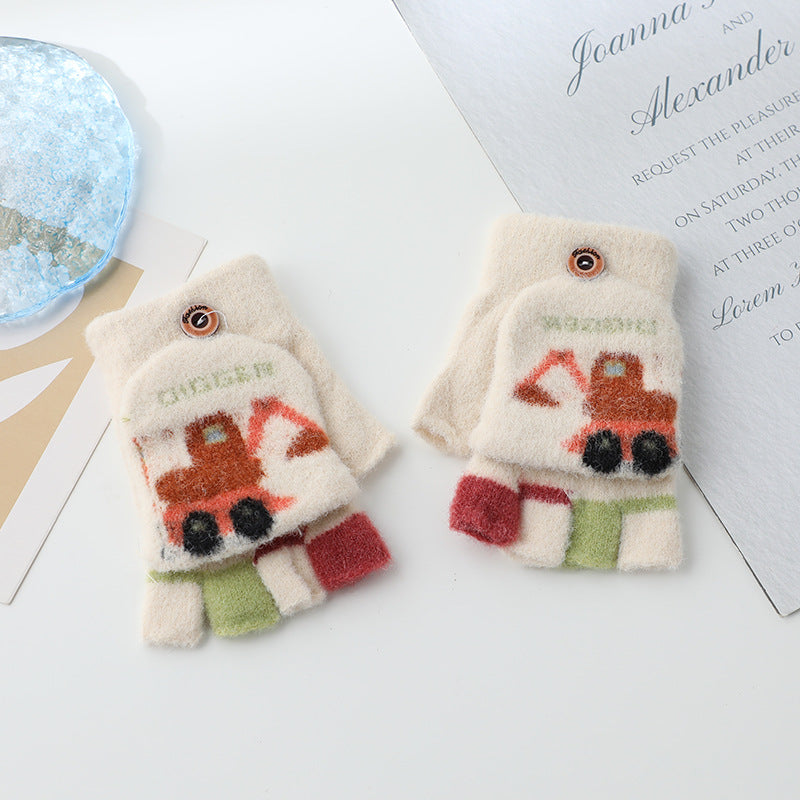 Wholesale Warm Flip Half Finger Knitted Cartoon Children's Imitation Cashmere Gloves
