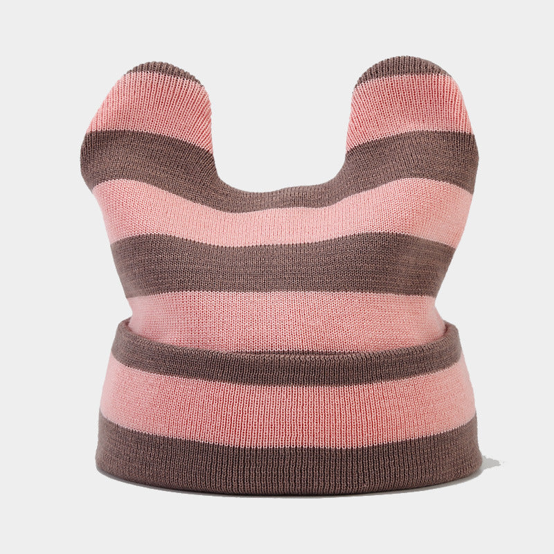 Wholesale Striped Cow Ears Knitted Hat Beanie Winter Hat