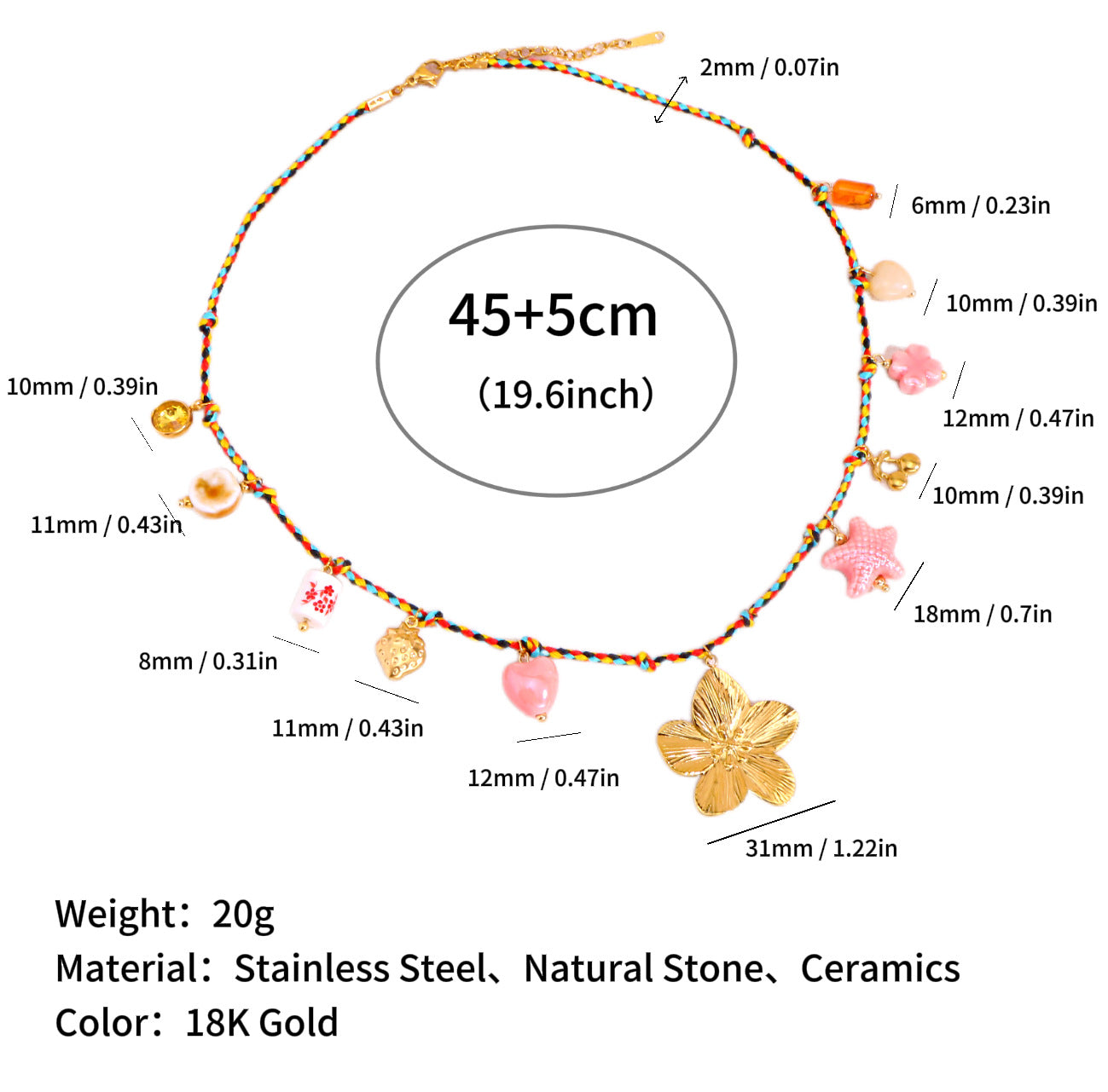 Wholesale Ocean Series Natural Stone Pendant Colorful Braided Necklace Titanium Steel Pendant