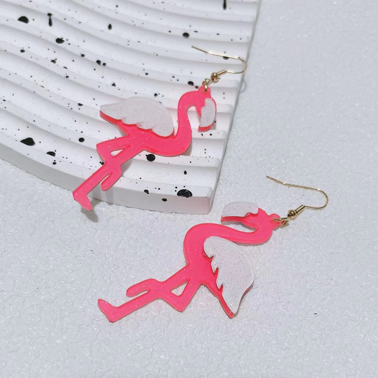 Wholesale glitter acrylic pink Valentine's Day fun cute Flamingo earrings