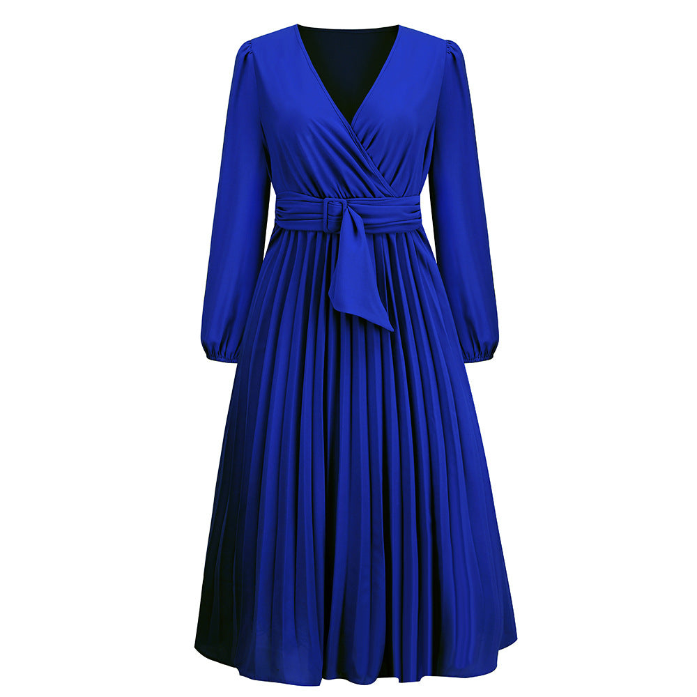 Wholesale Long Sleeve Slim Fit Pleated Belted V-neck Dress