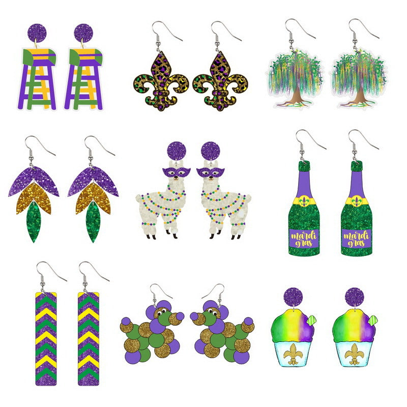Wholesale Mardi Gras tricolor alpaca champagne bottle ice cream tree dog earrings
