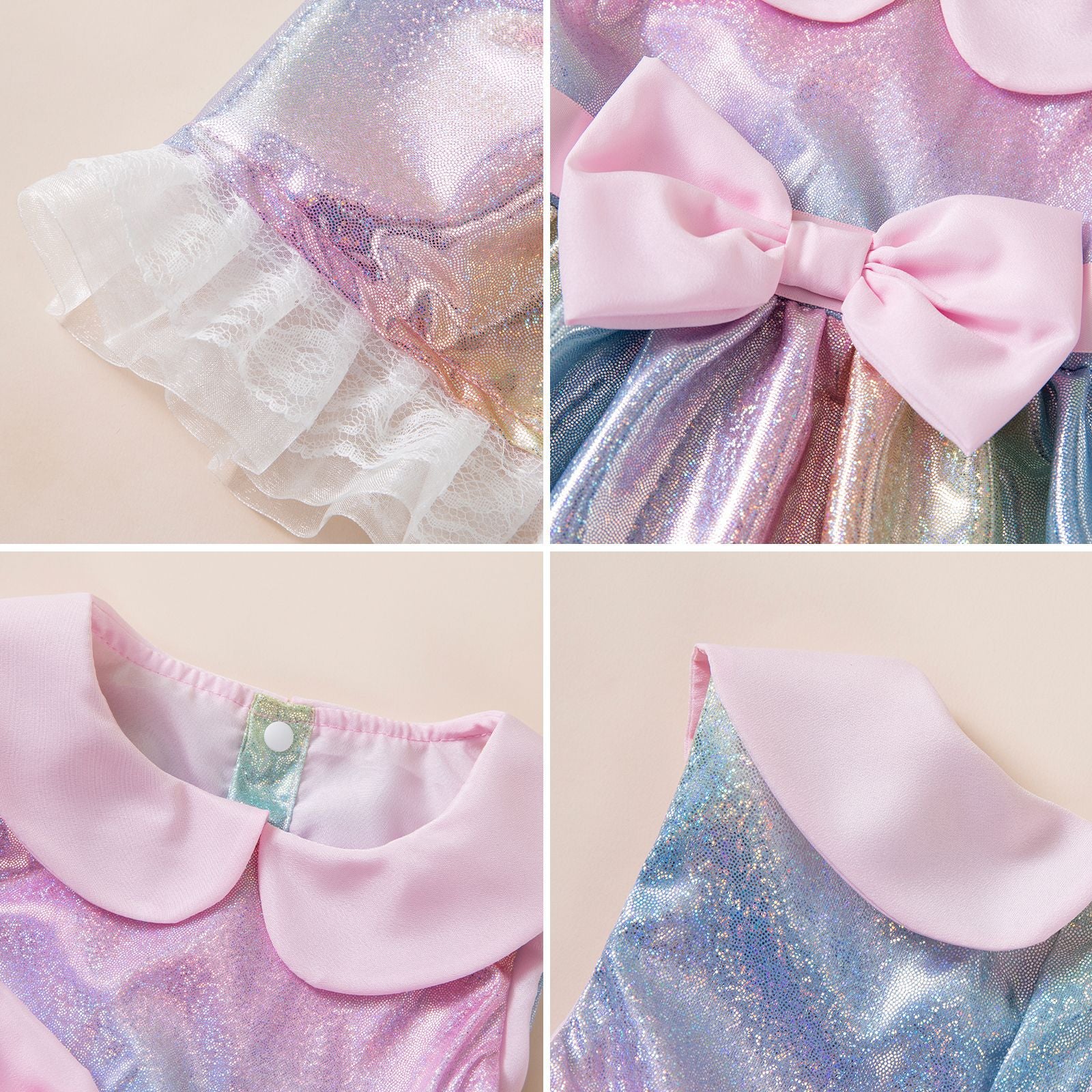 Wholesale Summer Trendy Girls Rainbow Princess Dress Sleeveless Doll Collar Sequin Bow Waist Party Photo Polyester