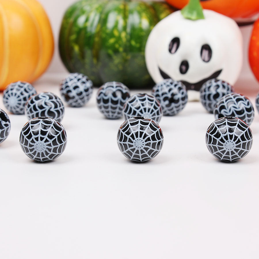 Wholesale 20pcs Halloween Pumpkin Spider Web Lattice Striped Wooden Beads