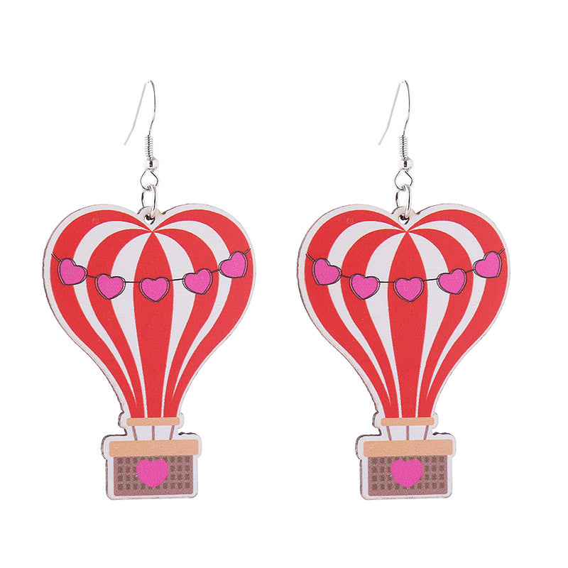 Wholesale Valentine's Day Pink Series Love Hot Air Balloon Dwarf Wooden Earrings
