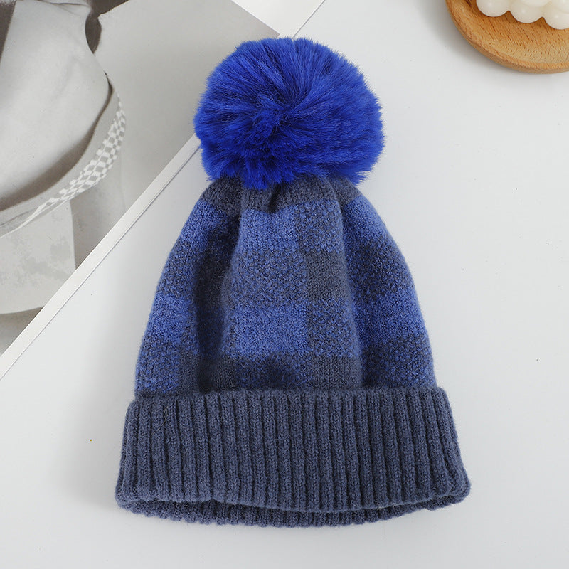 Wholesale Cold-proof Black and Red Plaid Knitted Hat with Ear Protection Wool Ball Beanie