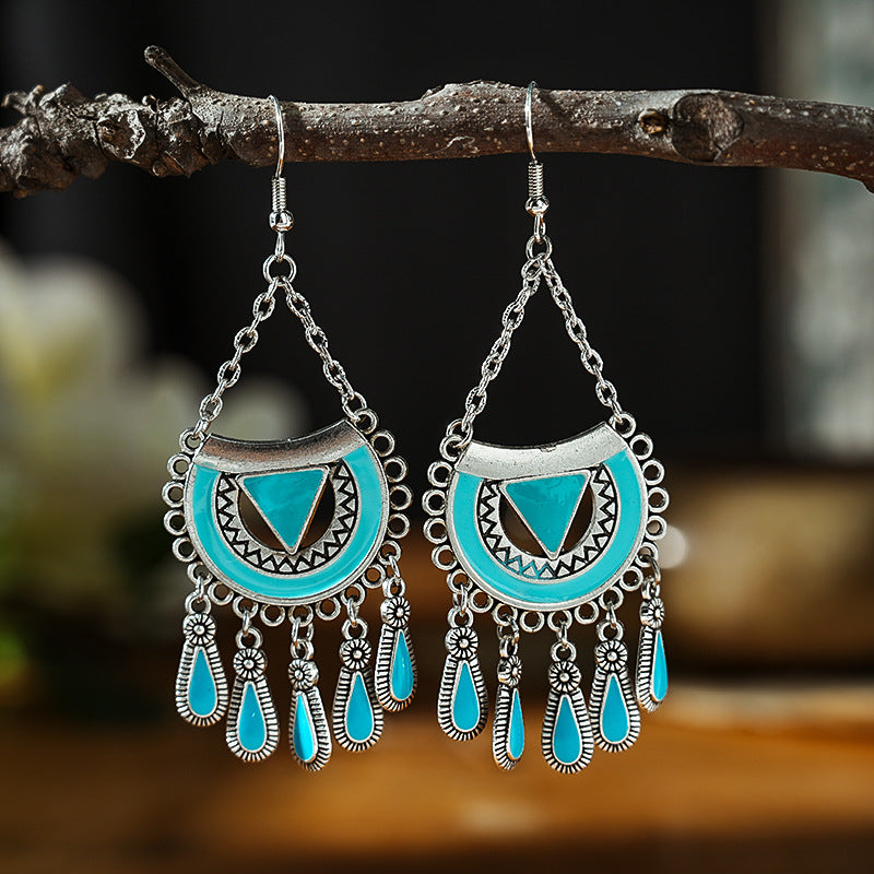 Wholesale Fan-shaped Chain Dripping Oil Retro Craft Multi-layer Alloy Earrings