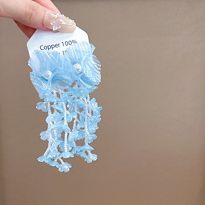 Wholesale Fabric flower super fairy handmade beaded fairy small fresh flower silver needle earrings