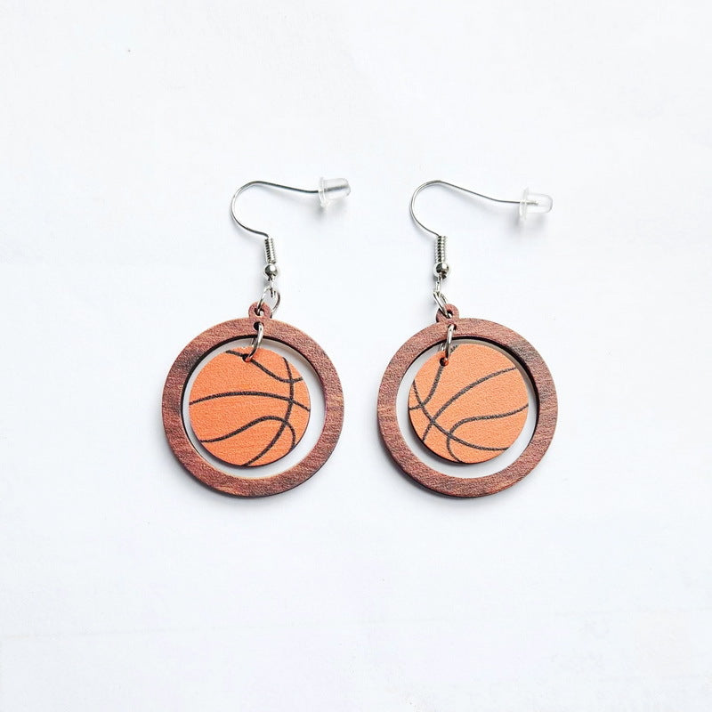 Wholesale Football World Cup Baseball Football Basketball Tennis Volleyball Wooden Ring Earrings